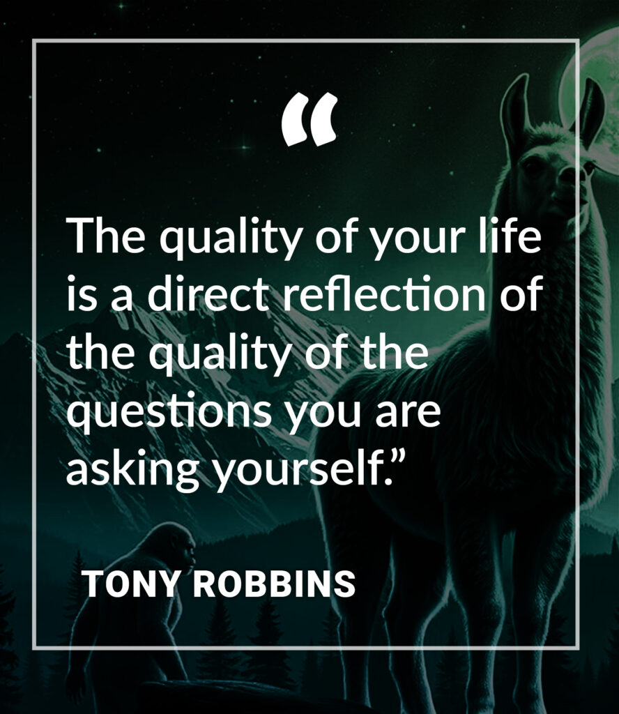 Tony Robbins - "The quality of your life is a direct reflection of the quality of the questions you are asking yourself.” #AIArt llama with bigfoot